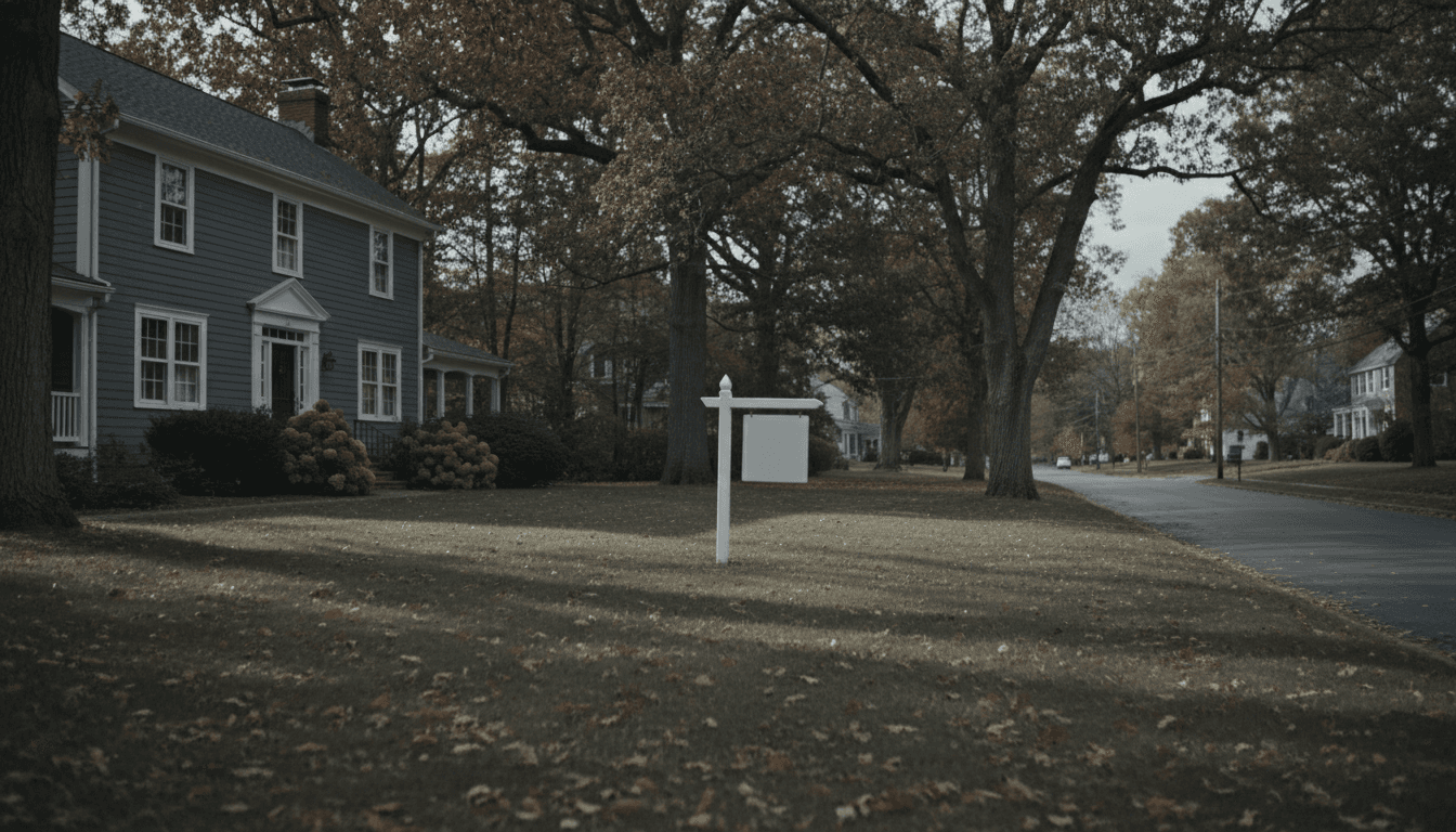 Quiet residential street in the Hudson Valley with a for-sale sign in a front yard