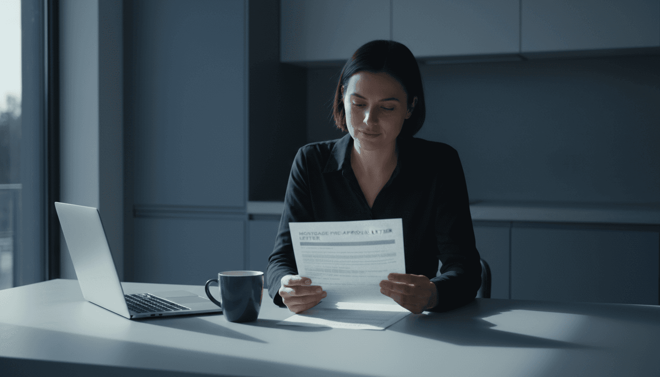 Person reading a mortgage pre-approval letter at a kitchen table
