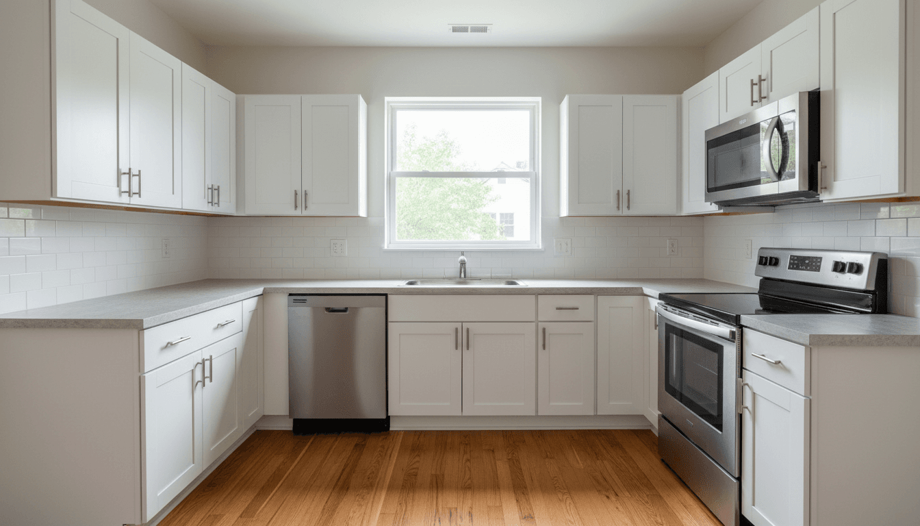 Compact white kitchen with window above sink in a Rockland County listing