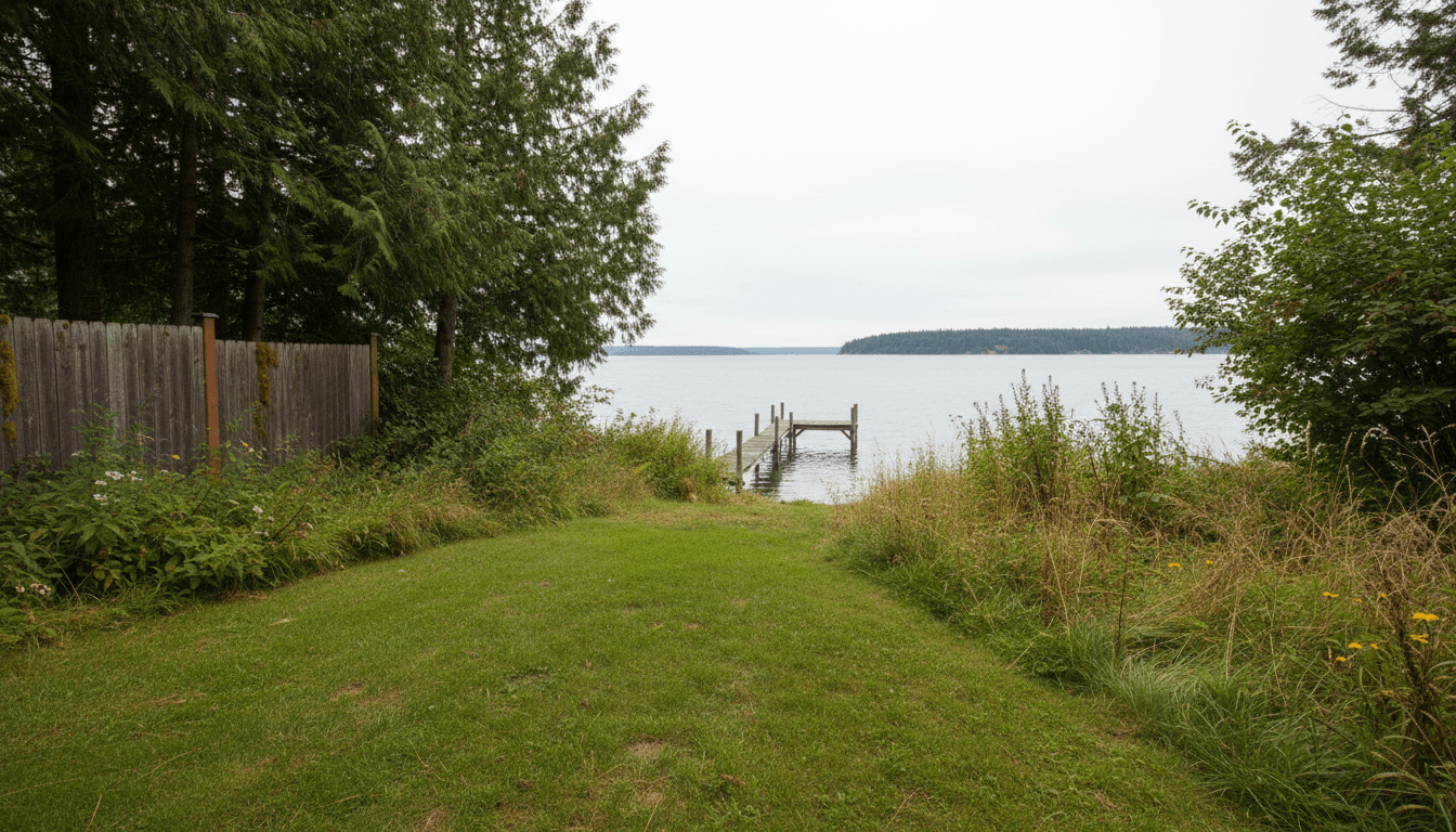 Backyard lawn leading to a dock on the water at a Stony Point home